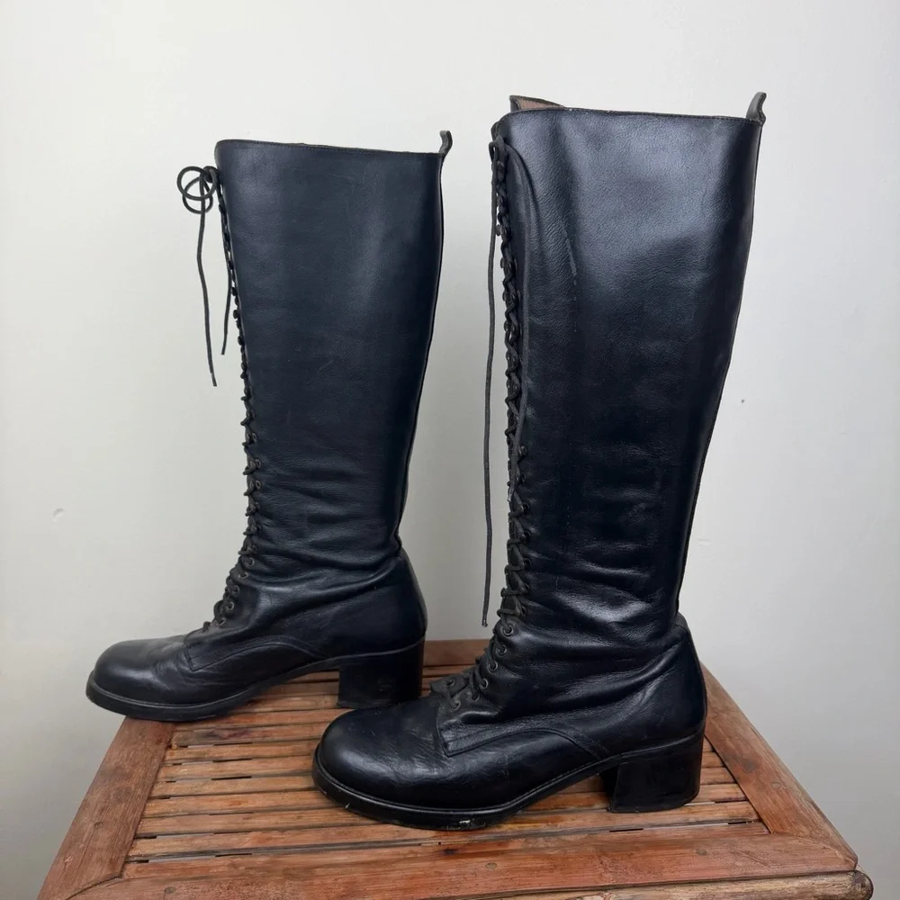 OVVIO Black Leather Lace-Up Knee-High Tall Riding Boots EU 40 - Picture 4 of 9